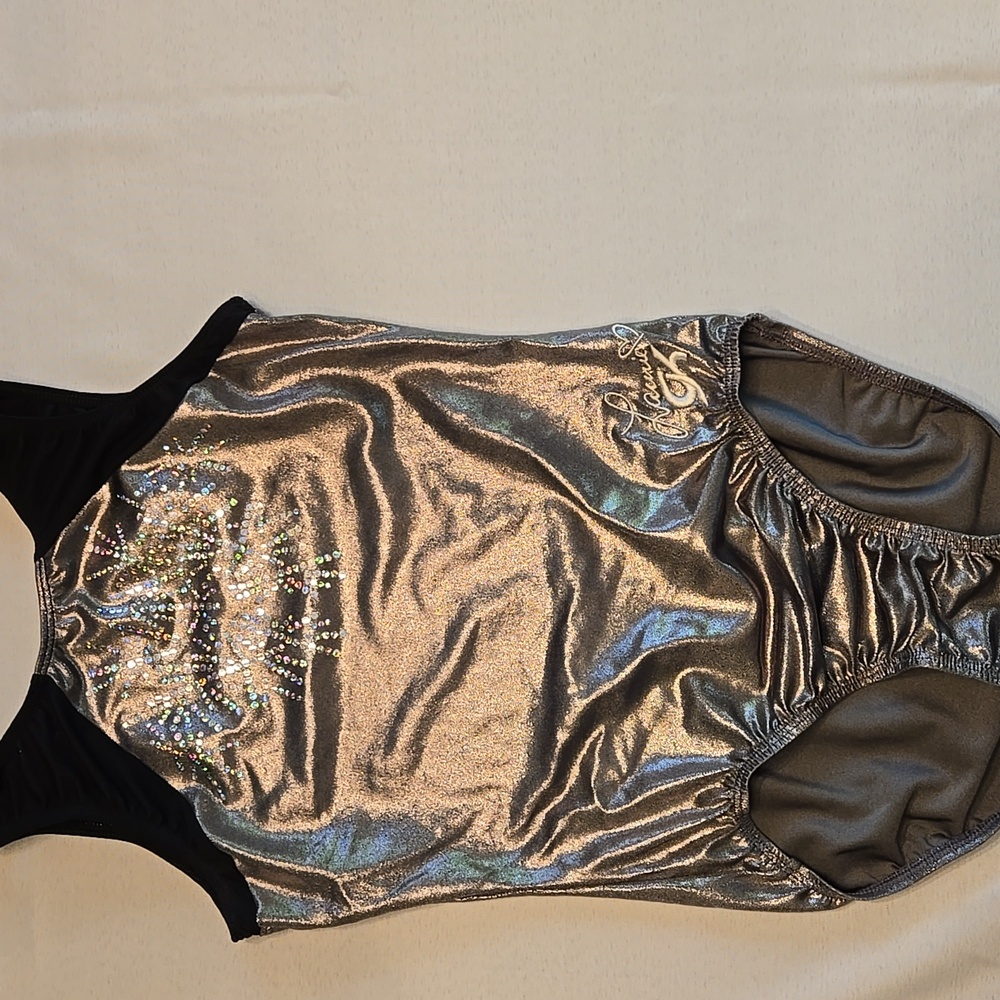 GK x Laurie Hernandez Gymnastics Leotard - Silver Metallic & Black - Adult Large